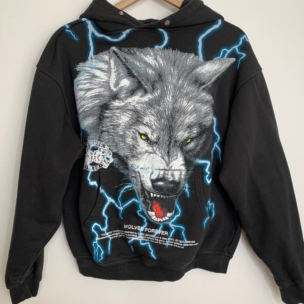 Darc Sport Black Hoodie Sweater with Wolf Graphic and Blue Lightning